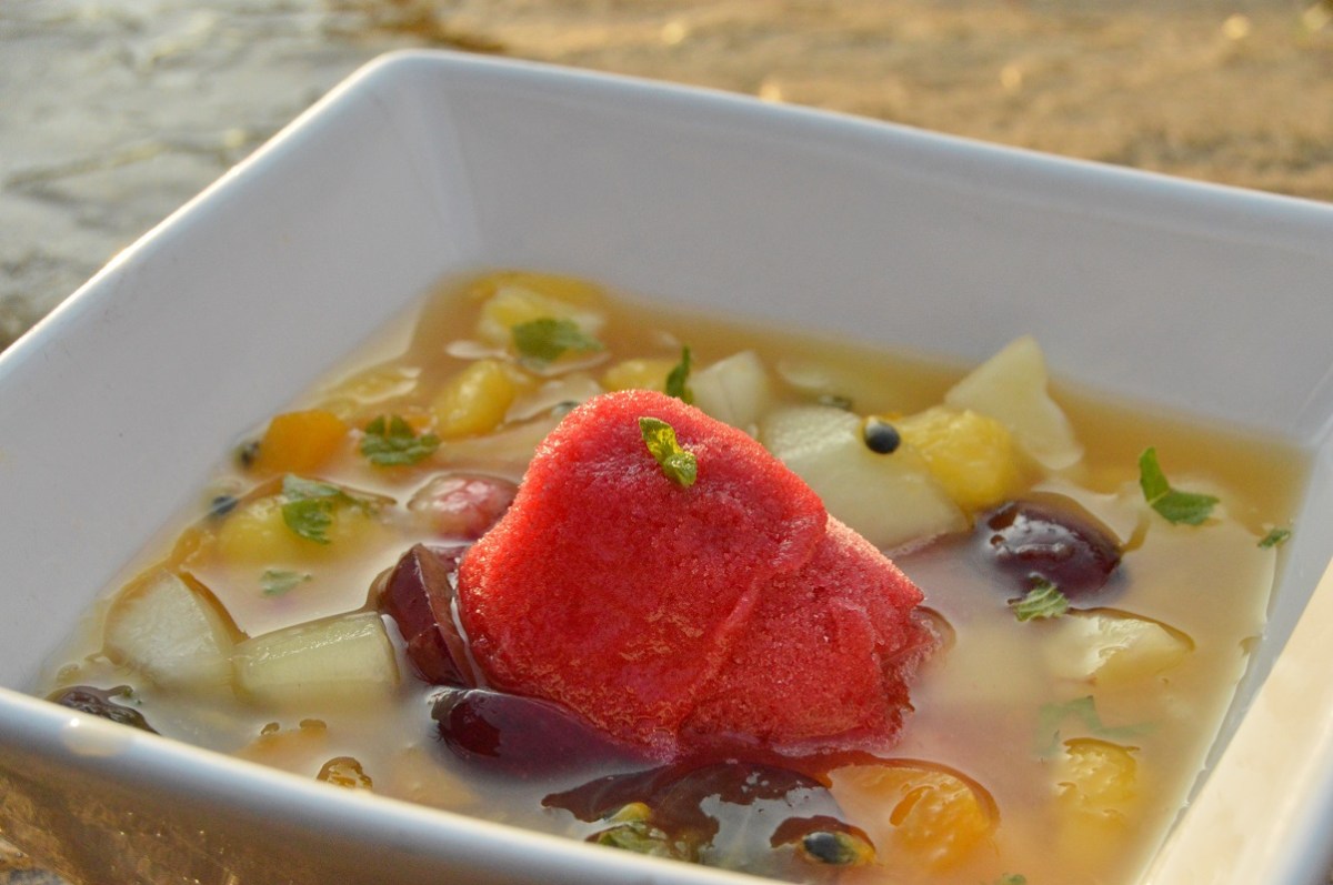 Spiced & minted fruit salad with raspberry&nbsp;sorbet