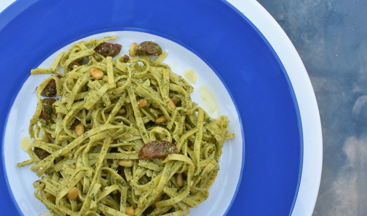 Pasta with wild rocket pesto & crispy&nbsp;chorizo