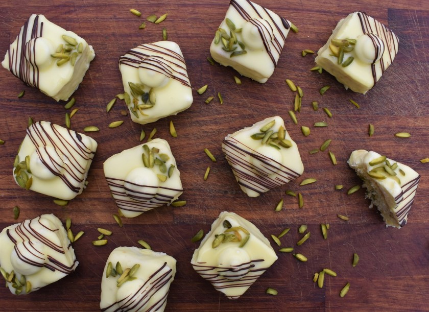 Lemon, cake, fondant, icing, french, french fancies, frenchfancies, fondant fancy, fondant fancies, fondantfancies, sweet, pistachio, rose, nuts, moroccon, morocco, retro, baking, bake, chocolate, GBBO, homecook, Philip, sponge, genoise, philipfriend, Philip friend, BBC’s, bbc1, kipling, Mrkipling, mr kipling, television, Mary Berry, Maryberry, Claudia Winkleman, Claudiawinkleman