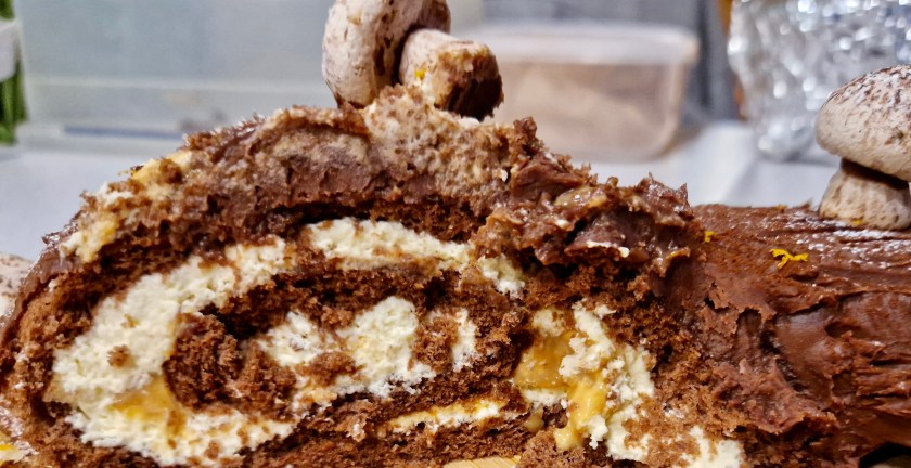 Mocha, coffee, chocolate, meringue, mushrooms, mushroom, cake, baking, decorating, cake decorating, food, foodie, recipe, cooking, festive, Xmas, Christmas, log, chocolate log, yule, yule log, ganache, caramel, orange