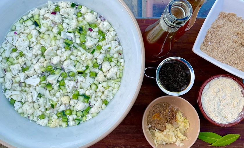 Piccalilli, vegetables, garden, seasonal, homegrown, food, foodie, preserve, preserves, chutney, Indian, UK, Surrey, spices, spice, spiced, mustard, pickle