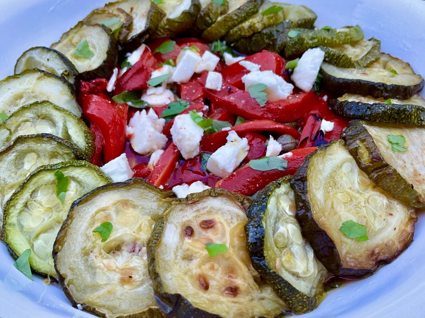 Salad, summer, summery, food, cooking, summer food, summerfood, bbq, barbecue, homecook, recipe, courgette, zucchini, pepper, peppers, feta, cheese, easy, simple