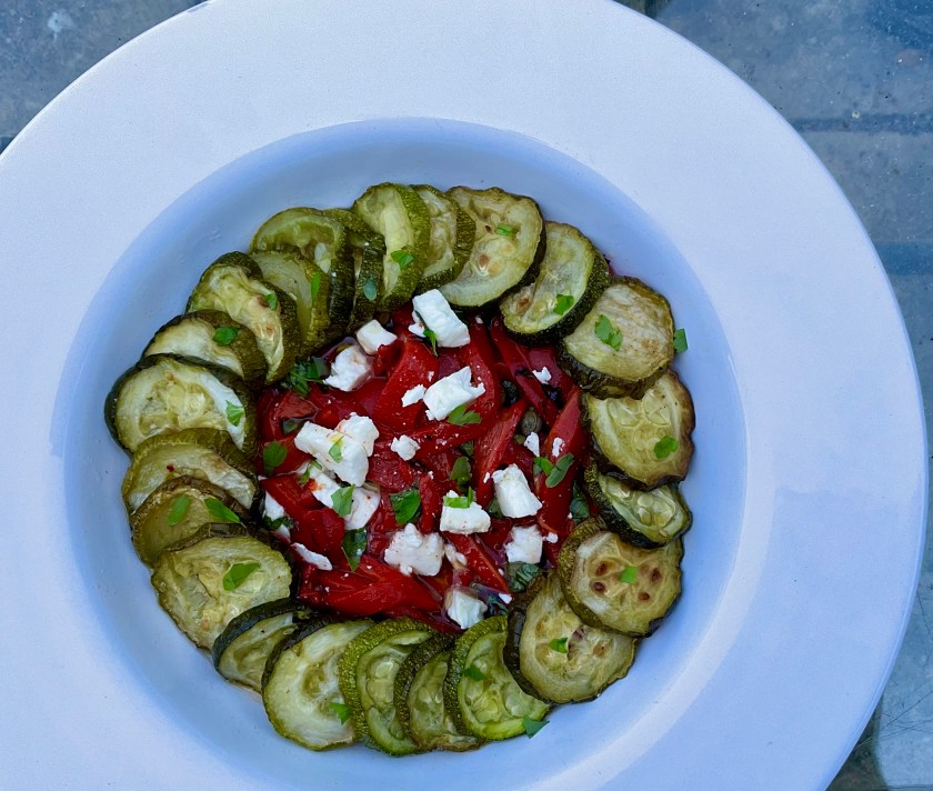 Salad, summer, summery, food, cooking, summer food, summerfood, bbq, barbecue, homecook, recipe, courgette, zucchini, pepper, peppers, feta, cheese, easy, simple